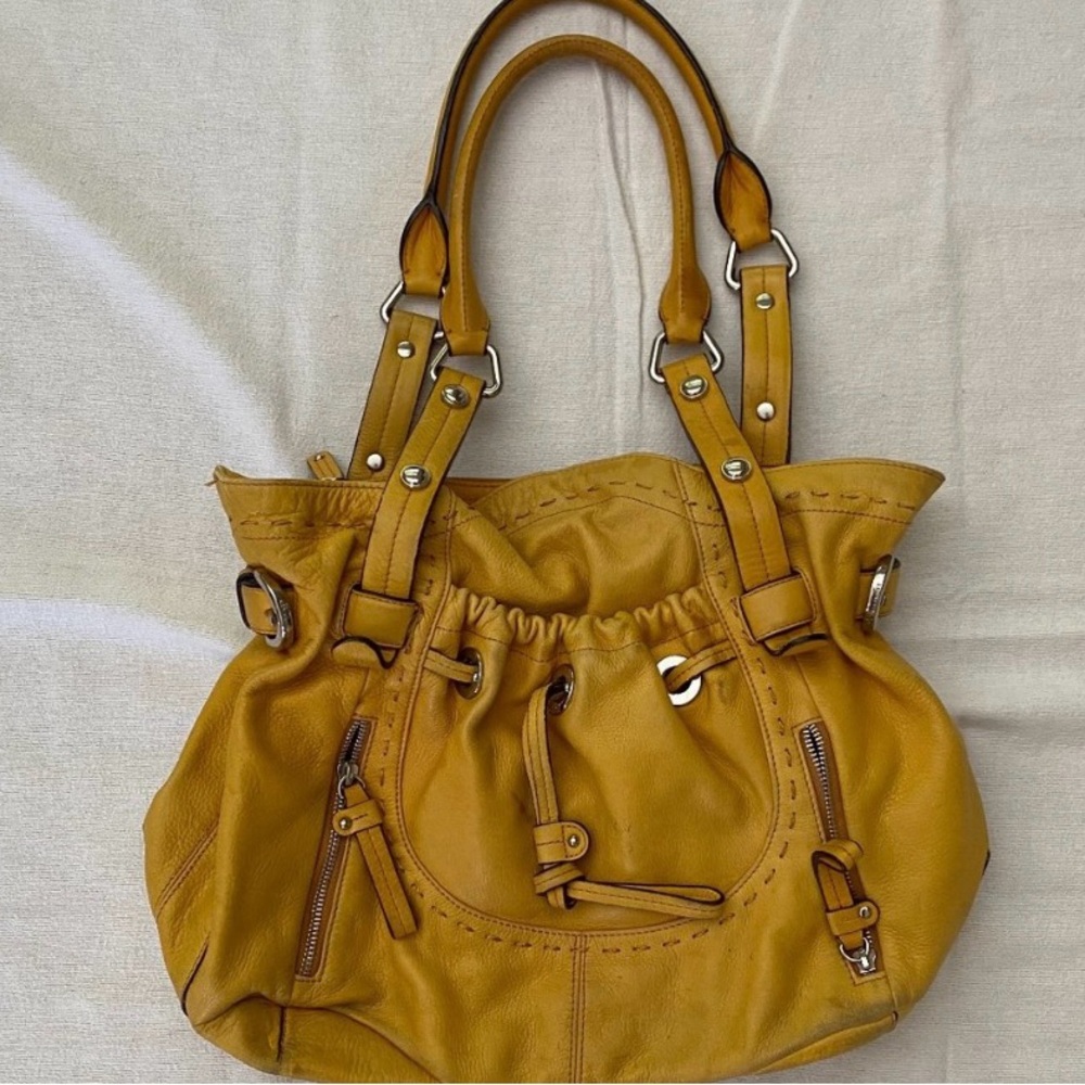 B Makowsky Mustard Yellow Leather Handbag Tote Satchel